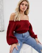 Asos Design Crop Off Shoulder Sweater In Lofty Yarn - Red