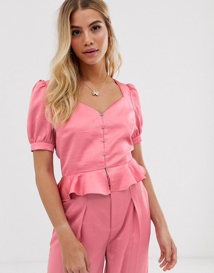 Moon River Puff Sleeve Peplum Satin Top - Pink