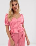Moon River Puff Sleeve Peplum Satin Top - Pink