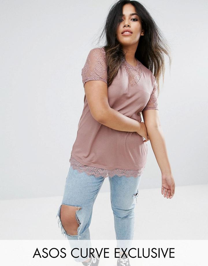 Asos Curve Rib T-shirt With Plunge Neck & Lace Insert - Beige