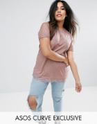Asos Curve Rib T-shirt With Plunge Neck & Lace Insert - Beige