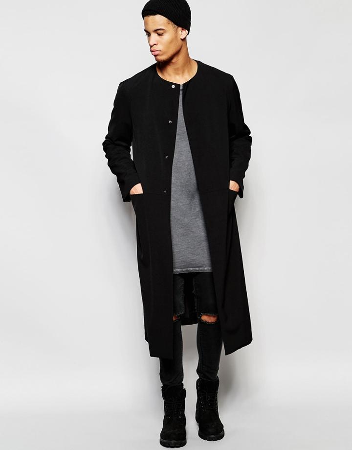 Asos Collarless Extreme Longline Duster Coat In Black - Black