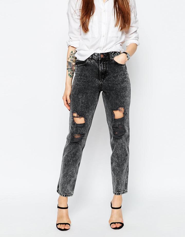 Asos Original Mom Jeans With Busted Rips In Black Acid Wash - Black Acid Wash