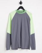 Asos Design Oversized Long Sleeve T-shirt With Turtle Neck In Gray And Green Color Block