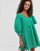 Asos Design V Front V Back Smock Mini Dress In Cotton-green