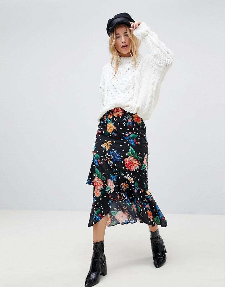 Asos Midi Skirt With Ruffle Detail In Floral Polka Dot - Multi