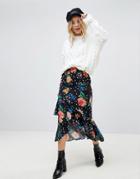 Asos Midi Skirt With Ruffle Detail In Floral Polka Dot - Multi