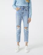Pull & Bear Mom Jeans With Rips In Medium Blue