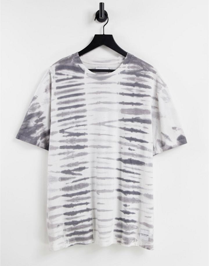 Topman Oversized Striped Tie Dye T-shirt In Gray-grey