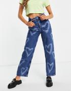 Topshop Oversized Mom Jeans With Bleached Hearts In Mid Blue-blues