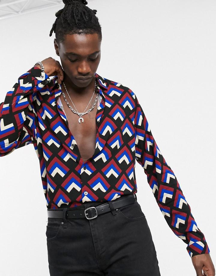 Asos Design Regular Fit Shirt In Retro Geometric Print-black