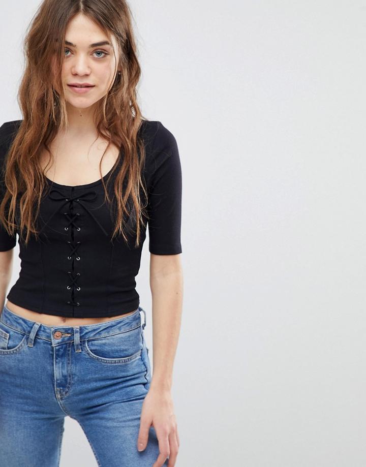 New Look Lace Up Jersey Top - Black