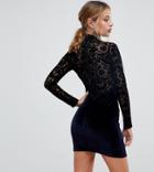 Asos Petite Velvet & Lace Long Sleeve Bodycon Mini Dress - Navy