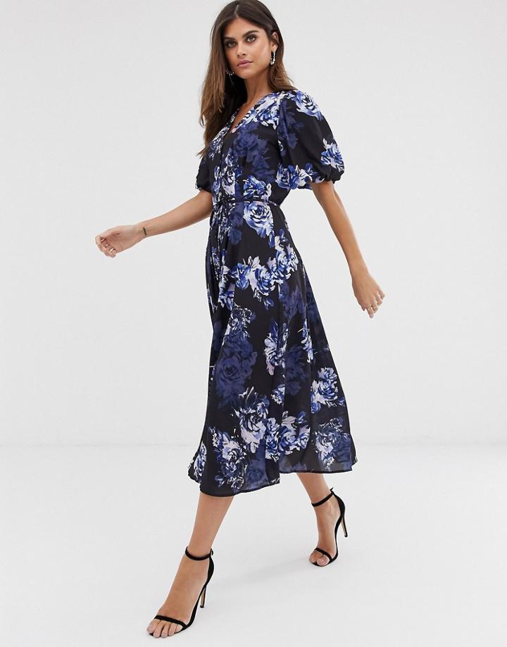 French Connection Long Button Down Floral Maxi Dress-blue