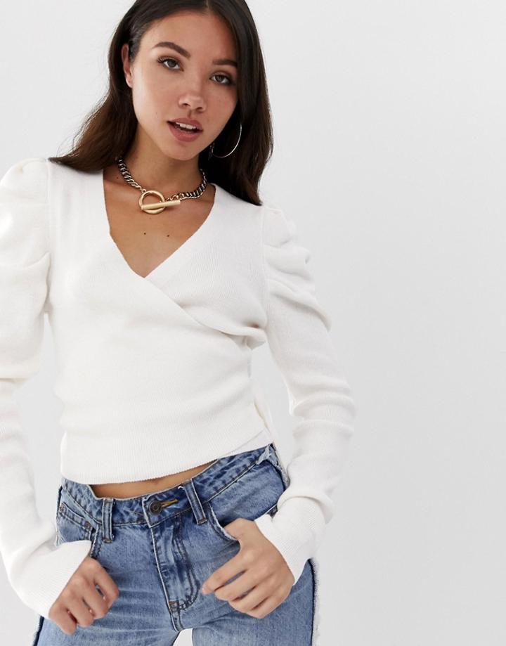 Asos Design Puff Sleeve Sweater With Wrap Detail - White