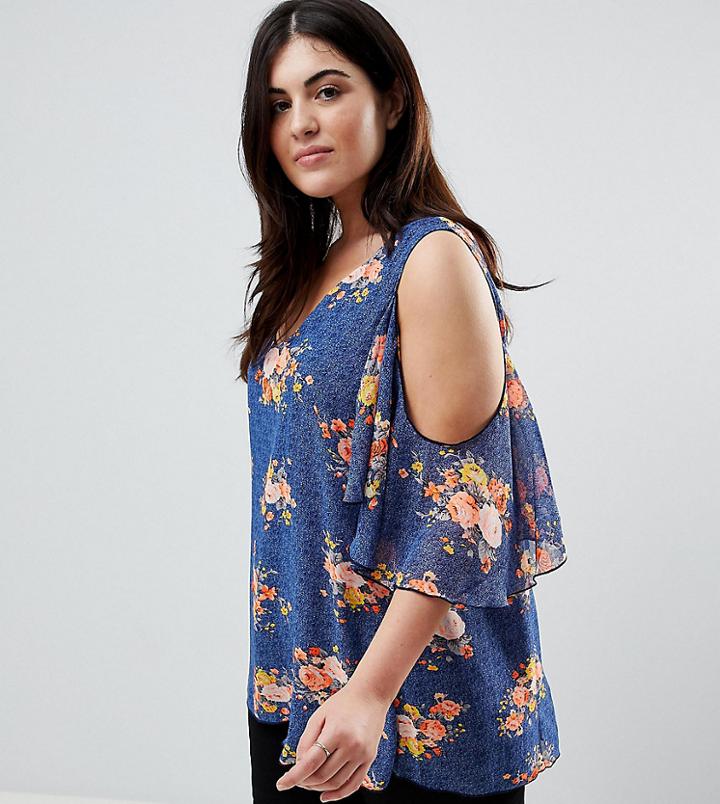 Lovedrobe Denim Print Floral Cold Shoulder Blouse - Multi