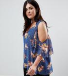 Lovedrobe Denim Print Floral Cold Shoulder Blouse - Multi