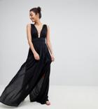 Asos Design Tall Grecian Plunge Maxi Woven Beach Dress-black