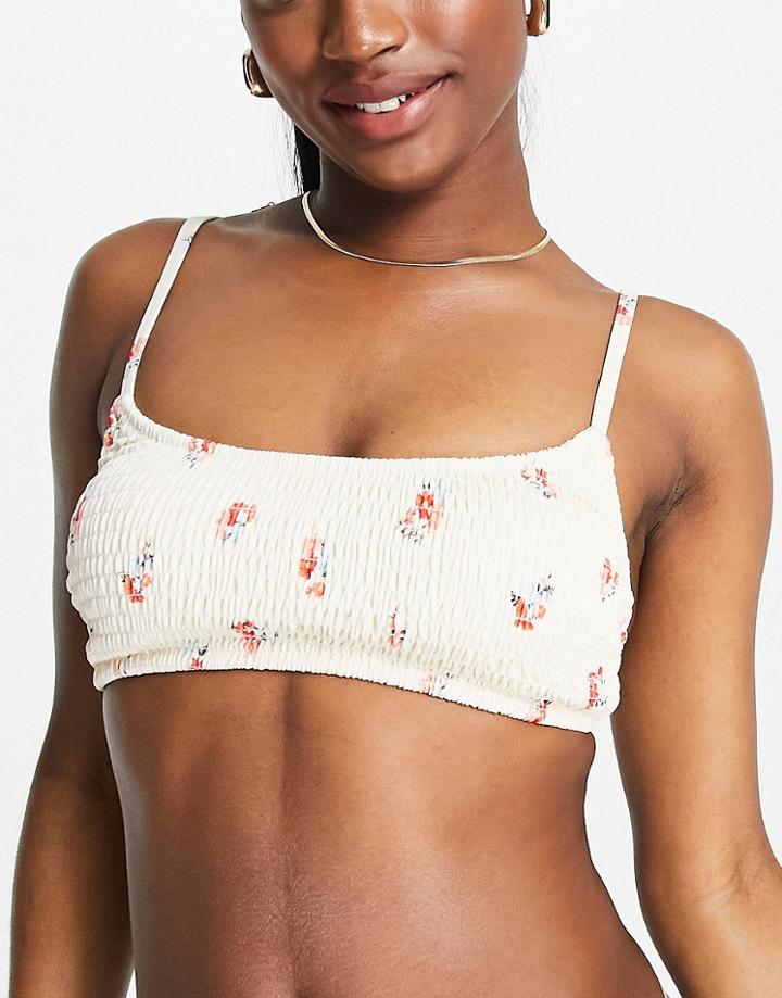 New Look Shirred Bikini Top In White Floral Print