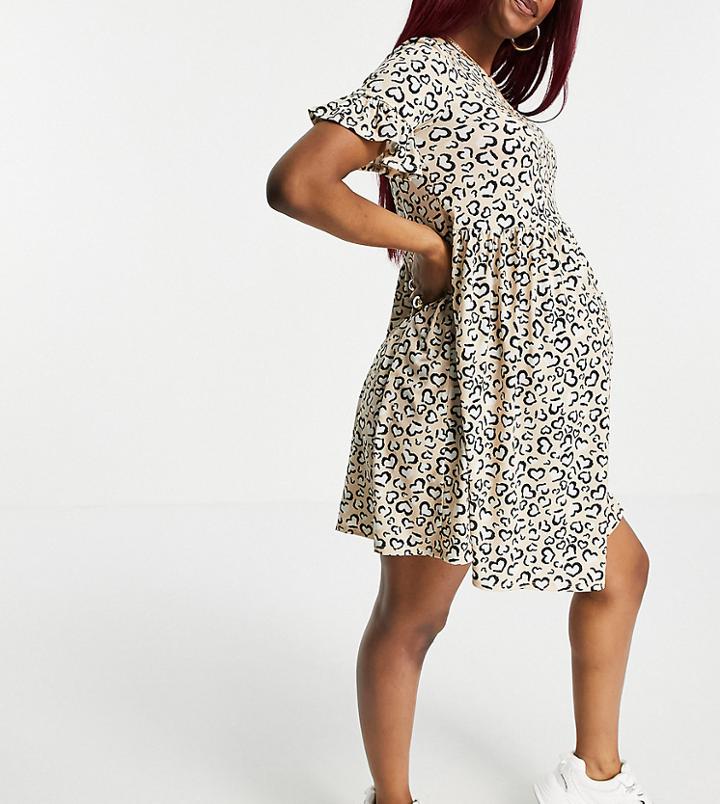 Flounce Maternity Super Oversized Frill Sleeve Smock Dress In Heart Print-pink