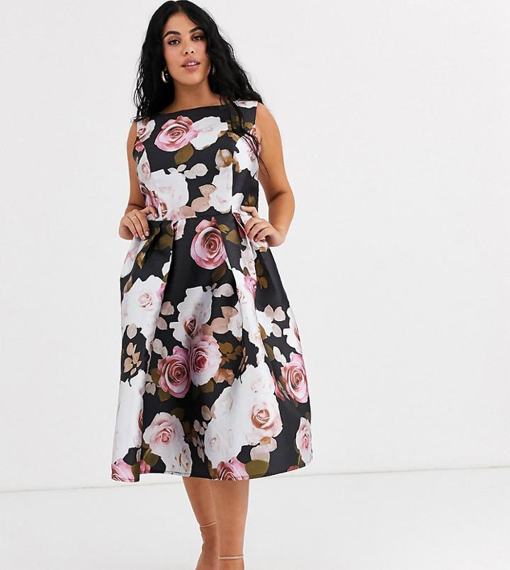 Chi Chi London Plus Prom Satin Midi Skater Dress In Dark Floral-multi