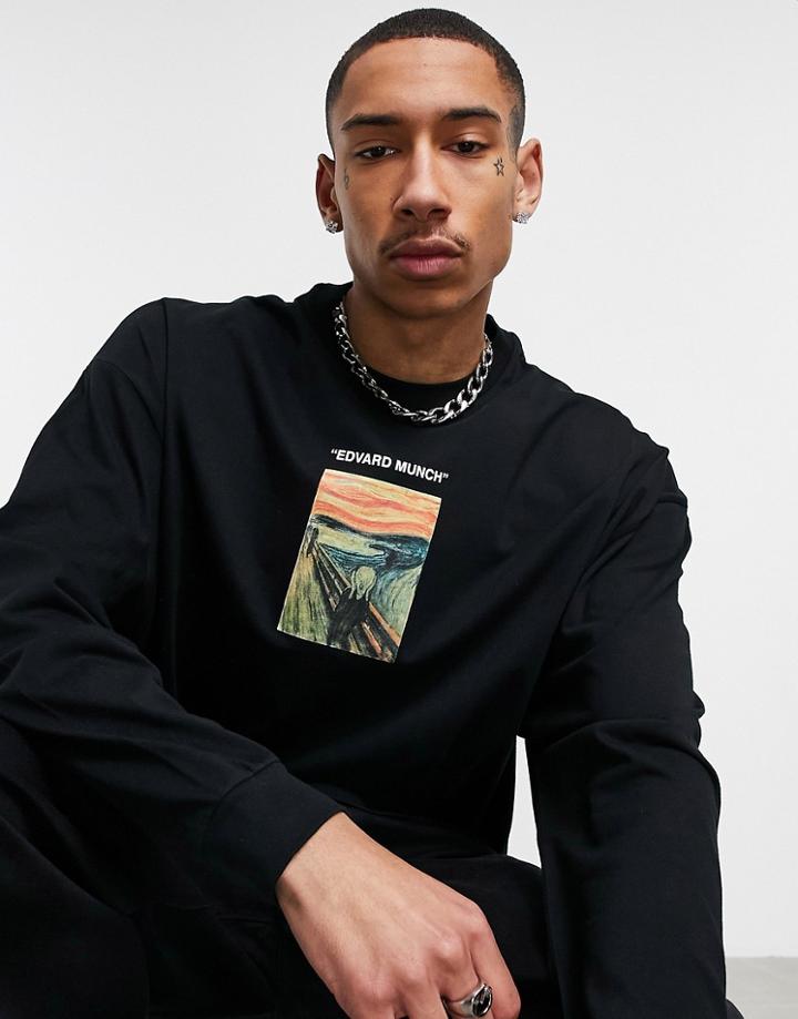 Asos Design Edvard Munch Oversized Long Sleeve T-shirt With 'the Scream' Front Print & Back Print-black