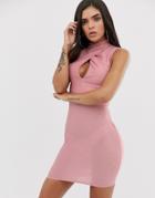 The Girlcode High Neck Keyhole Mini Bodycon Dress In Pink Metallic