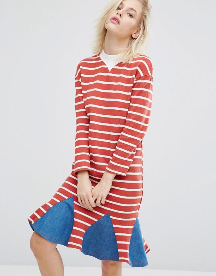 I Love Friday Stripe Dress With Denim Insert Hem - Red
