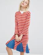 I Love Friday Stripe Dress With Denim Insert Hem - Red