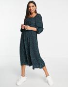 Asos Design Square Ruched Neck Midi Dress In Green Spot Print-multi