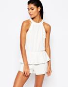 Moon River Ruffle Romper With Bow Tie Back - Ivory