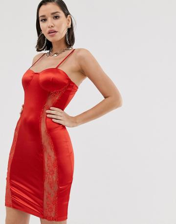 Katchme Satin Mini Dress With Sheer Lace Panels In Rust - Red