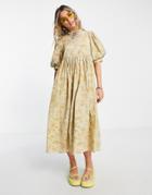 Vila Puff Sleeve Midi Dress In Green Floral
