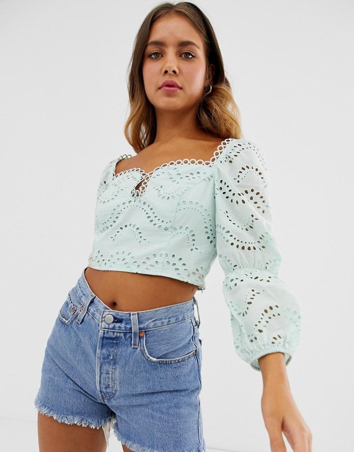 Asos Design Long Sleeve Square Neck Top In Broderie-black