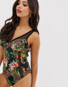 Asos Design Recycled Fuller Bust Exclusive Fishnet Insert Underwired Swimsuit In Exotic Tropic Animal Print Dd-g-multi
