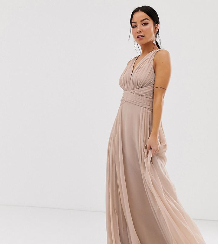 Asos Design Petite Bridesmaid Ruched Bodice Drape Maxi Dress With Wrap Waist-pink