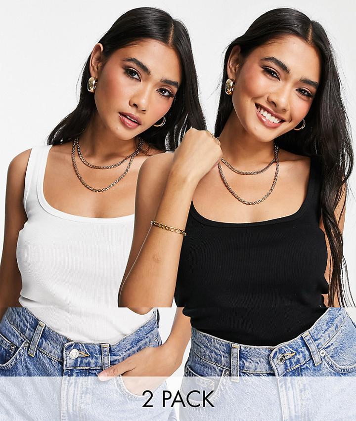 River Island 2 Pack Square Neck Tanks In Black And White-multi