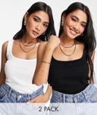 River Island 2 Pack Square Neck Tanks In Black And White-multi