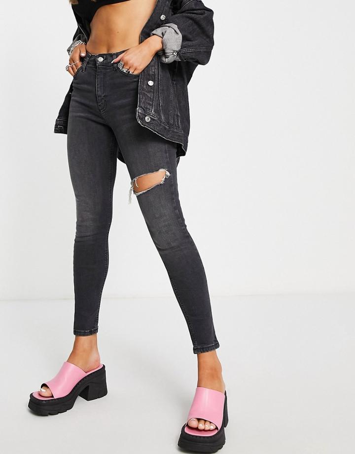 Topshop Jamie Jeans With Thigh Rip In Washed Black