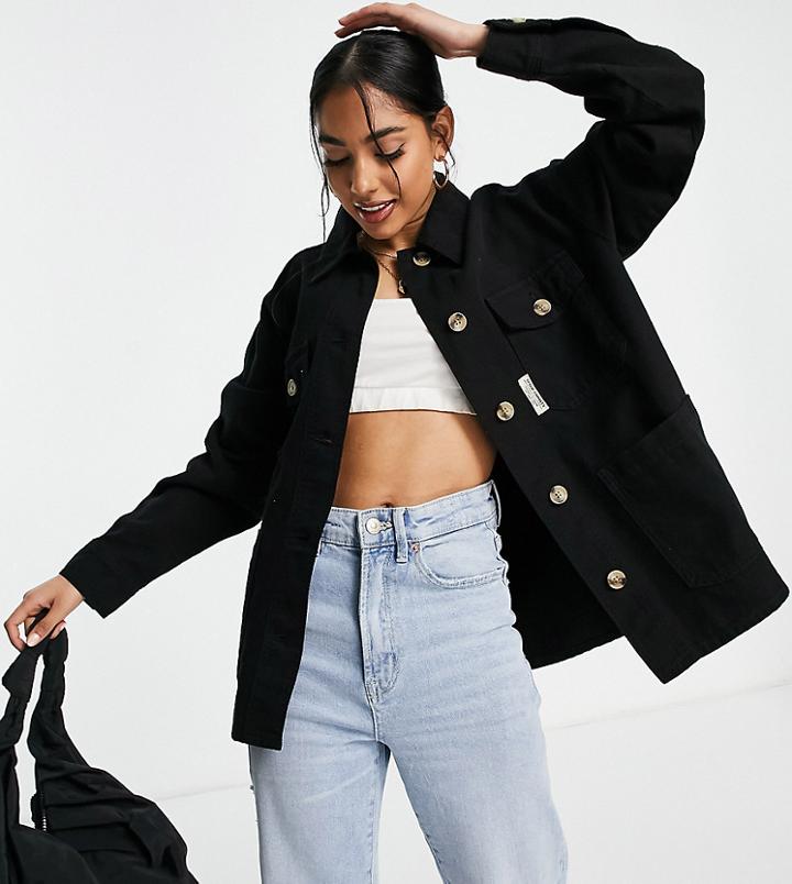 Topshop Petite Oversized Lightweight Shirt Jacket With Woven Label In Black