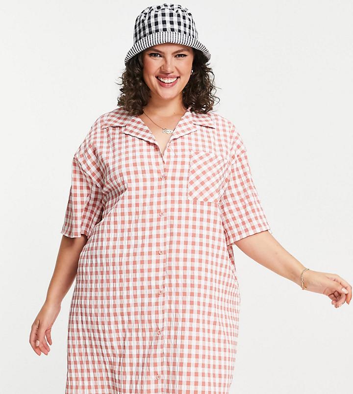 Lola May Plus Gingham Check Revere Collar Mini Shirt Dress-red