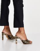 River Island Square Toe Leopard Print Heeled Sandals In Brown