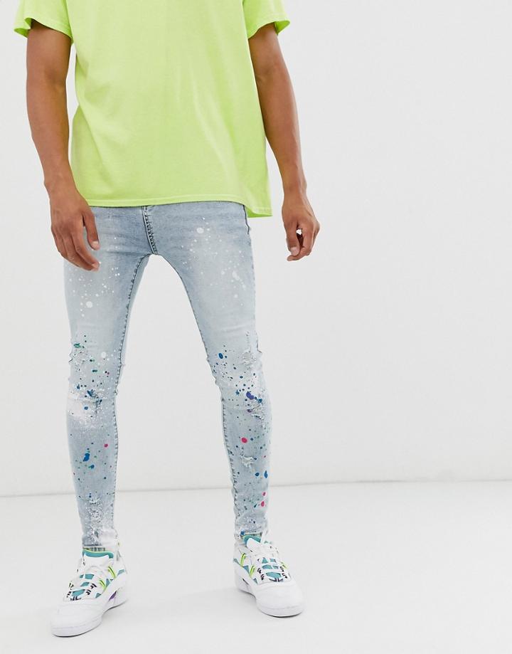 Good For Nothing Skinny Jeans In Light Blue With Paint Splat - Blue