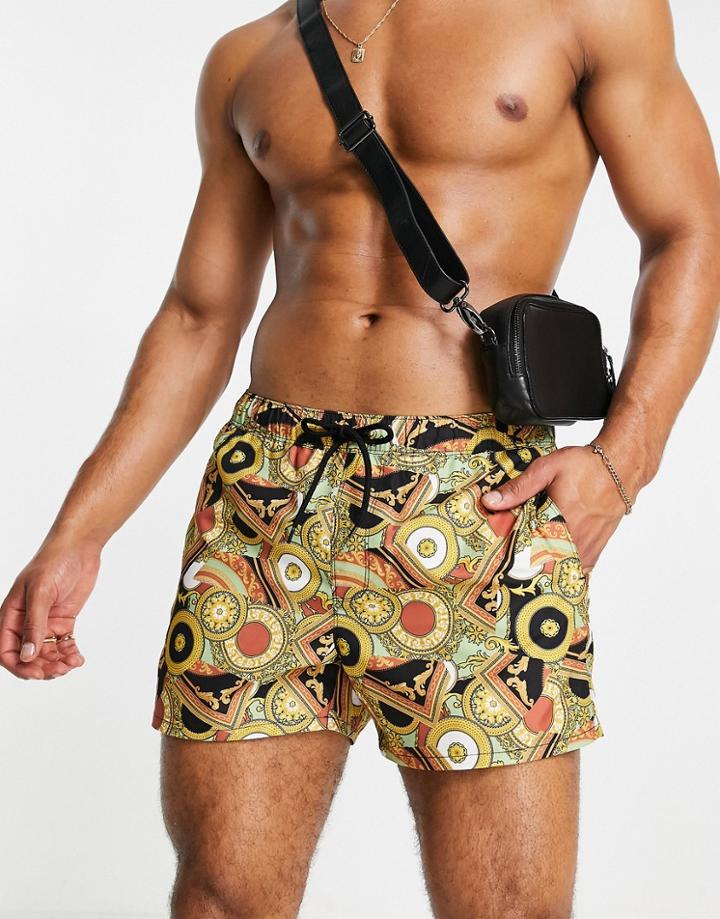 Asos Design Swim Shorts In Baroque Print Short Length-multi