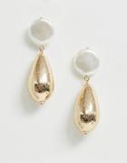 Asos Design Earrings With Worn Metal Drop And Faux Freshwater Pearl In Gold - Gold