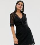 Fashion Union Tall Shift Dress With Tie Front In Delicate Lace-black