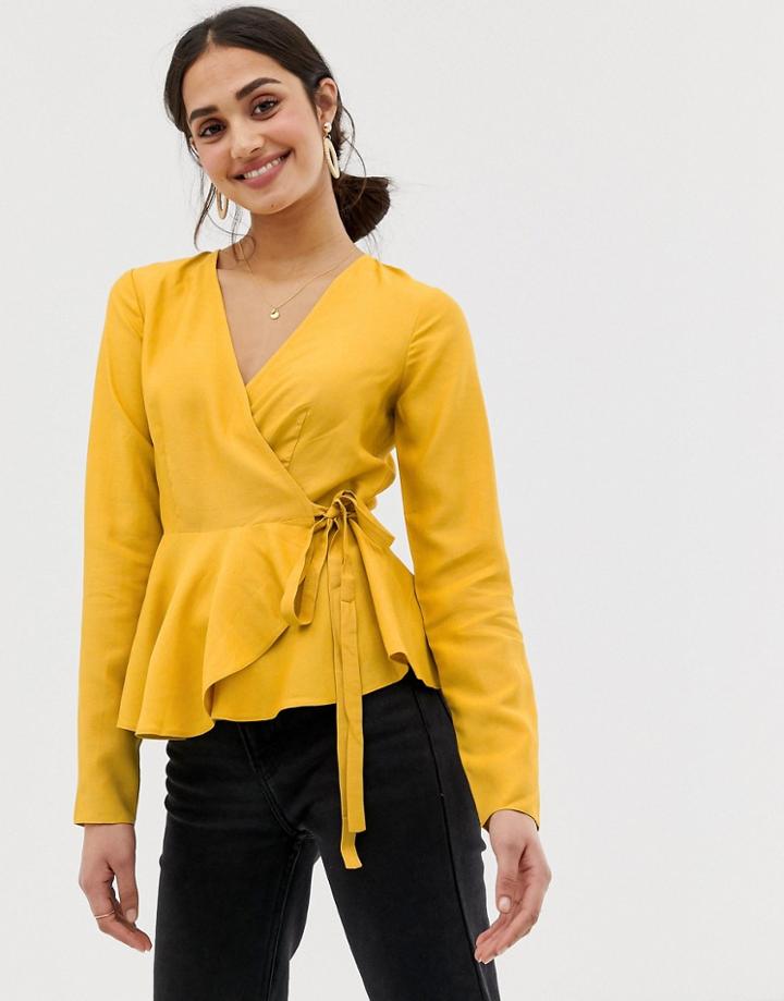 Asos Design Wrap Top In Linen With Pephem - Yellow