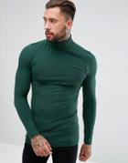 Asos Design Long Sleeve Longline Muscle Roll Neck T-shirt With Curve Hem - Green