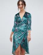 Hope & Ivy Long Sleeve Wrap Front Velvet Midi Dress In Bird Print-multi
