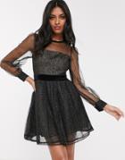 Fashion Union Sheer Mesh Mini Dress With Full Sleeve In Gold Fleck-black